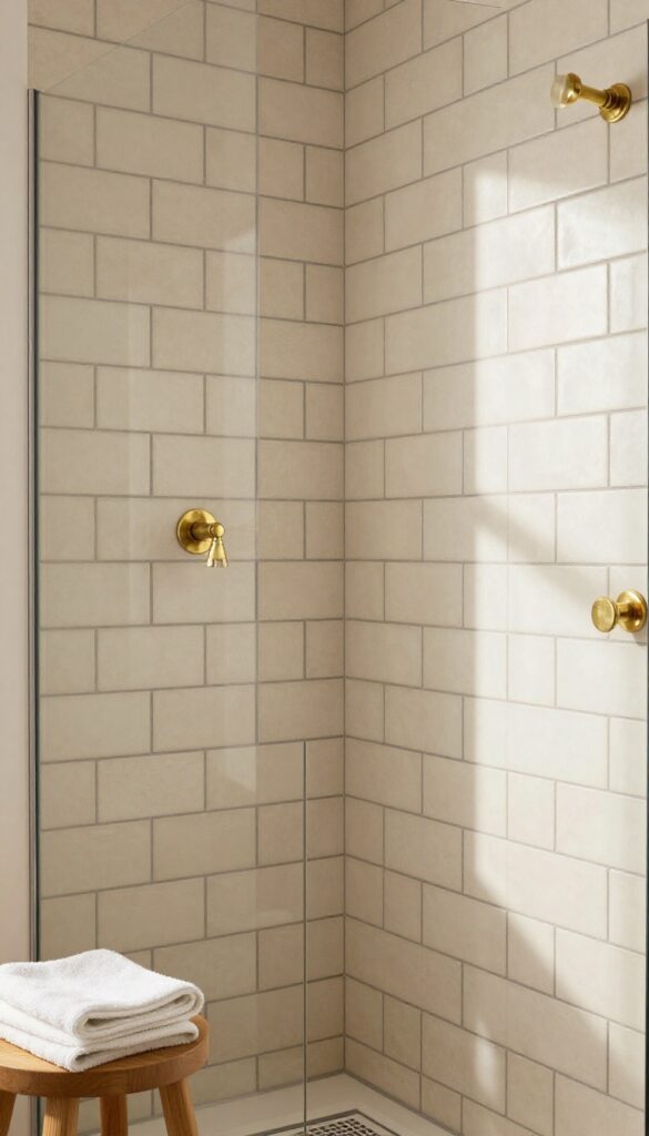 Beige subway tile shower with dark grout for contrast, brushed brass fixtures, and natural light