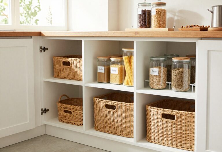 Bright kitchen store room with open shelving, woven baskets, and clear jars organized neatly.