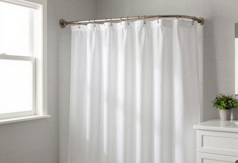 Bright bathroom with curved shower curtain rod and white curtain, showing added space and light.