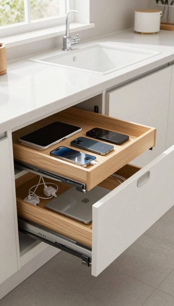 Open kitchen drawer with built-in charging station for phones and tablets, organized with dividers.