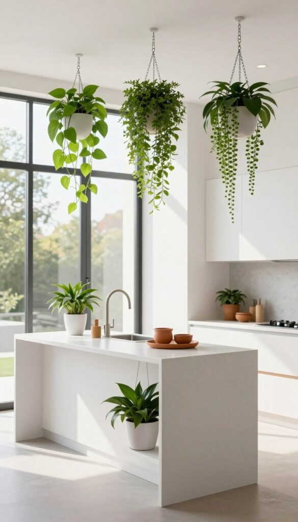 Modern kitchen with hanging planters suspended above an island, filled with trailing greenery in neutral pots.