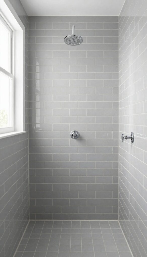 Gray subway tile shower walls in a bright bathroom with natural light and chrome fixtures