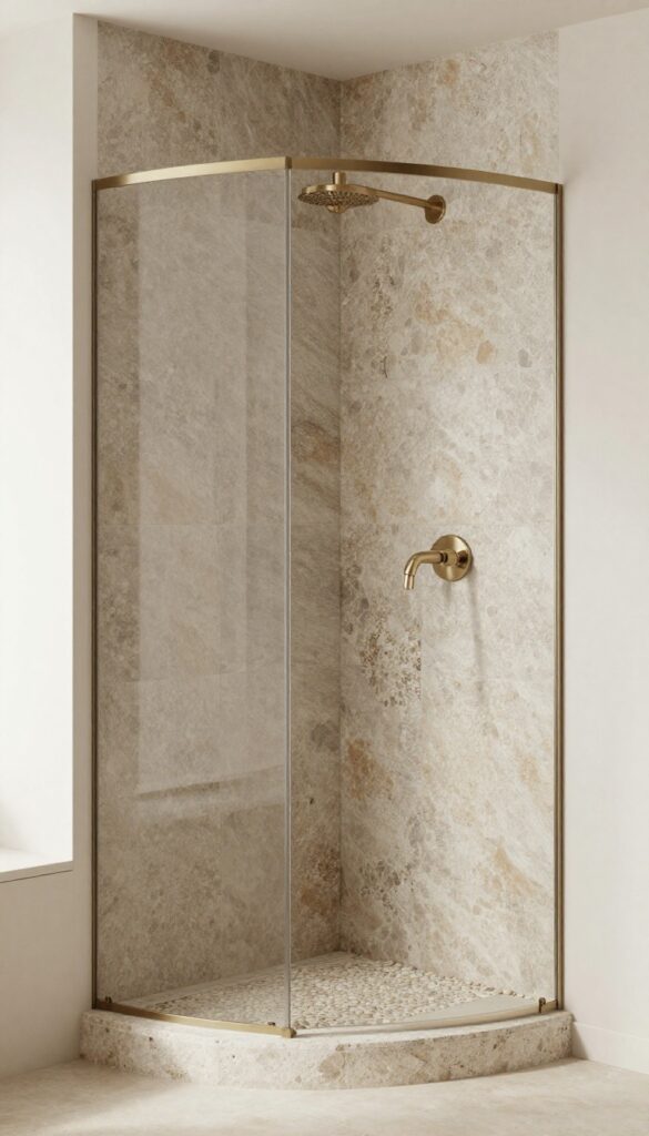 A standing shower with natural stone accents including pebble flooring and slate walls in neutral tones, showcasing organic texture for a fresh and functional bathroom design.
