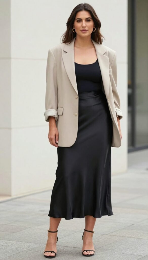 A woman wearing an oversized neutral blazer and black satin skirt for a smart-casual summer outfit, styled with heeled sandals and statement earrings in natural light.