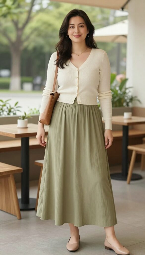 Curvy woman wearing olive green pleated maxi skirt and cream cropped cardigan, holding a small tan crossbody bag, standing in a sunny park.