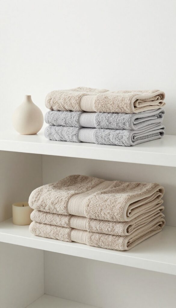 A styled bathroom shelf with layered towels and decorative objects for home decor inspiration.