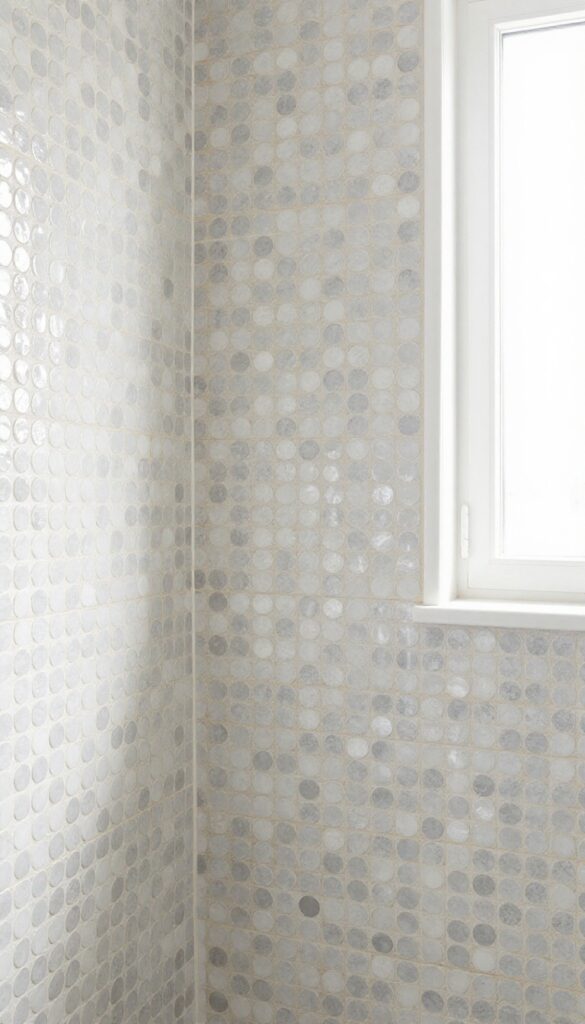 Vertical penny round mosaic tiles on a shower wall
