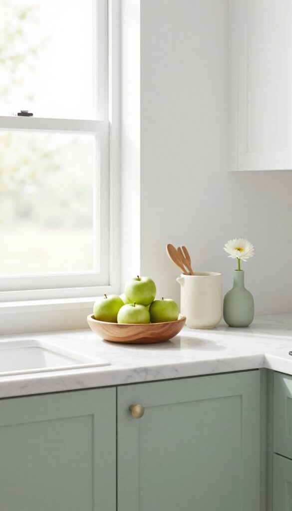 Clutter-free kitchen countertop with wooden fruit bowl, ceramic crock, and small vase in bright natural light