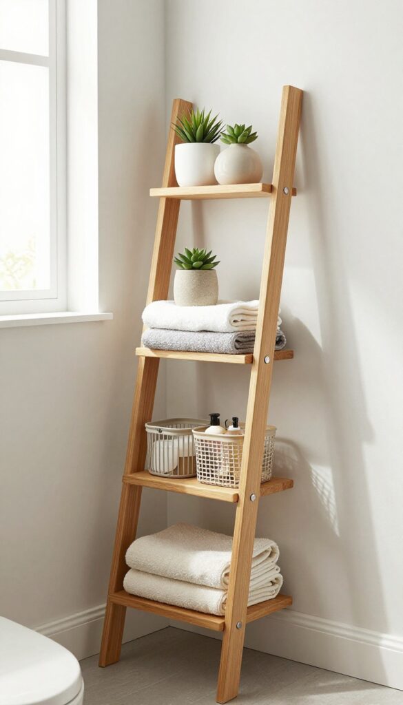 A narrow wooden ladder shelf providing vertical storage in a bright, clean bathroom with natural light.