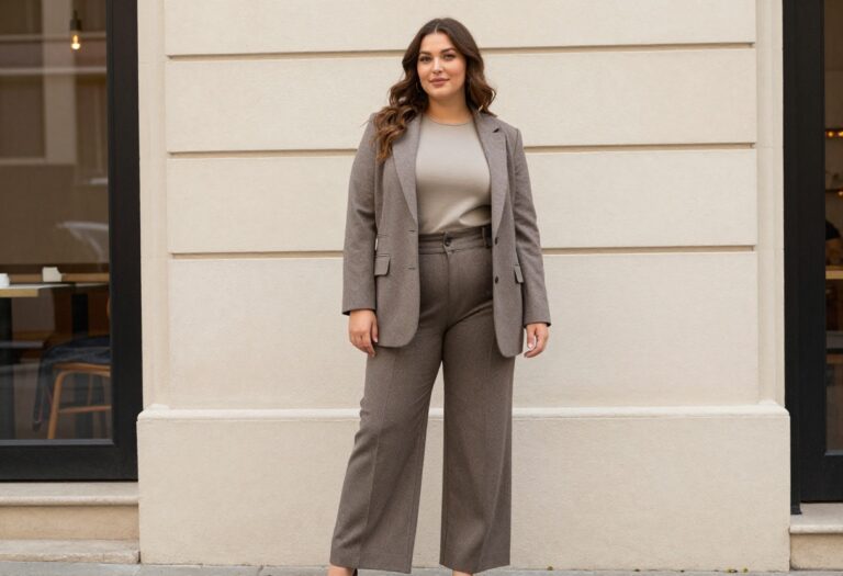 Plus-size woman in high-waisted wide-leg pants and structured top, looking confident and stylish in a fall setting.