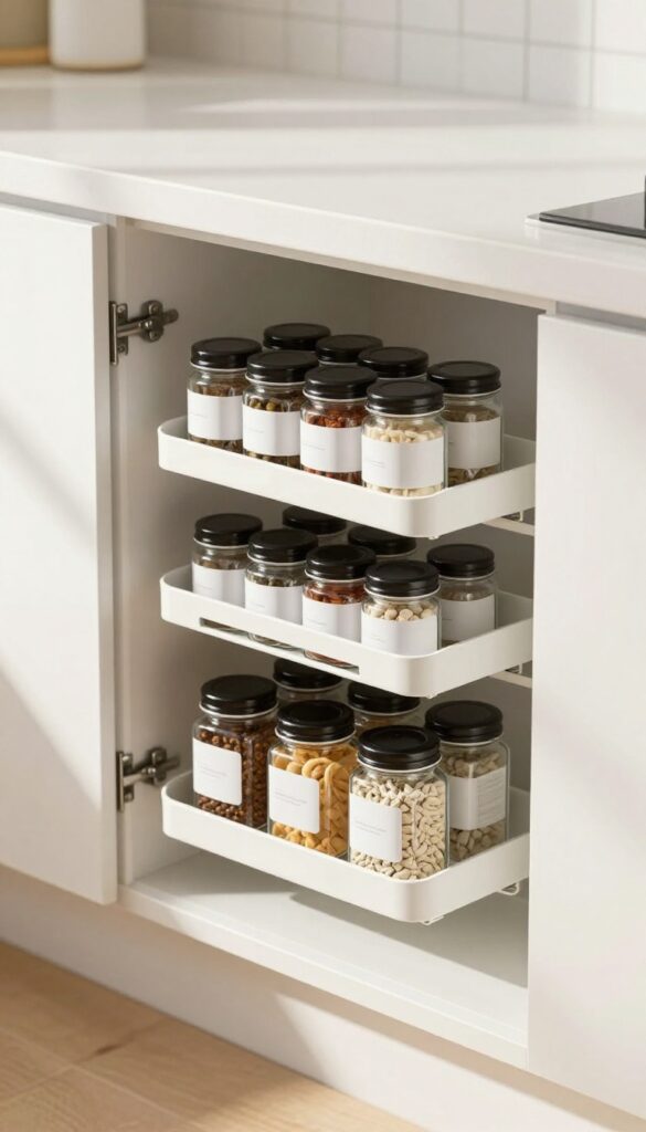 Over-the-door spice organizer on a pantry door with neatly arranged spice jars in bright natural light