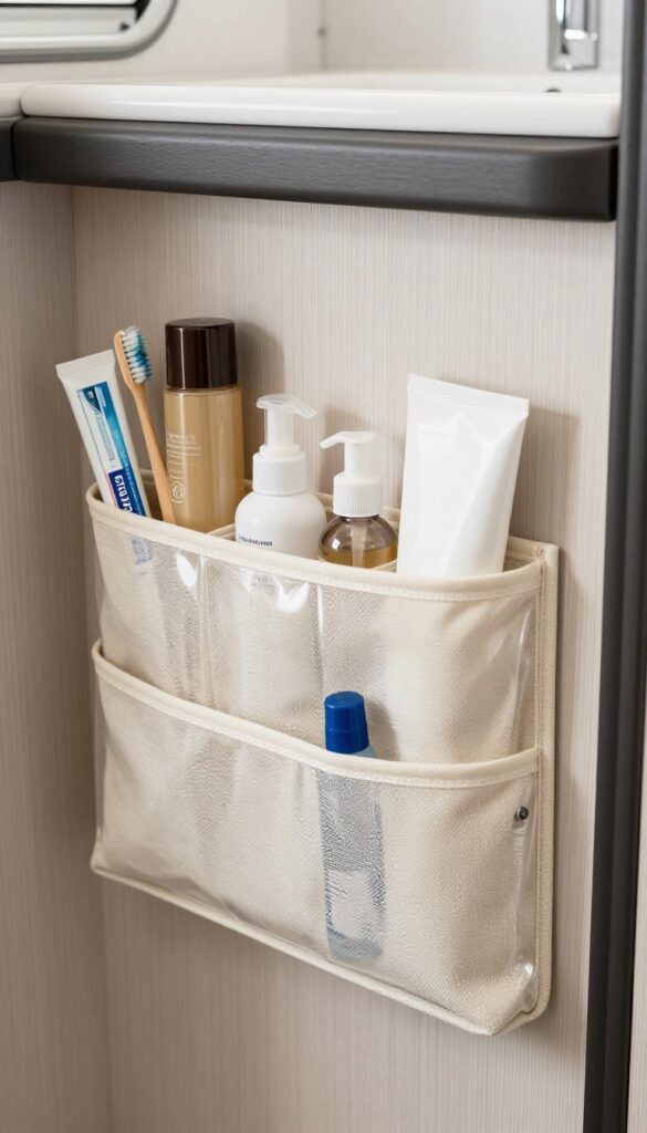 A hanging toiletry organizer behind an RV bathroom door, showcasing organized storage with clear pockets for travel essentials in a bright, clean setting.