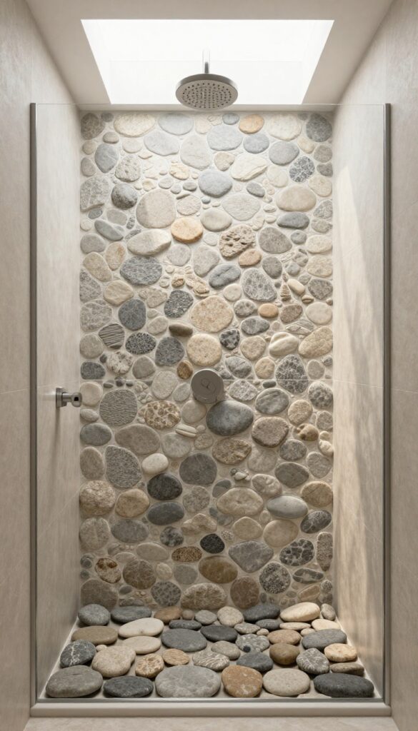 Spa-inspired shower with pebble tile backsplash and natural lighting