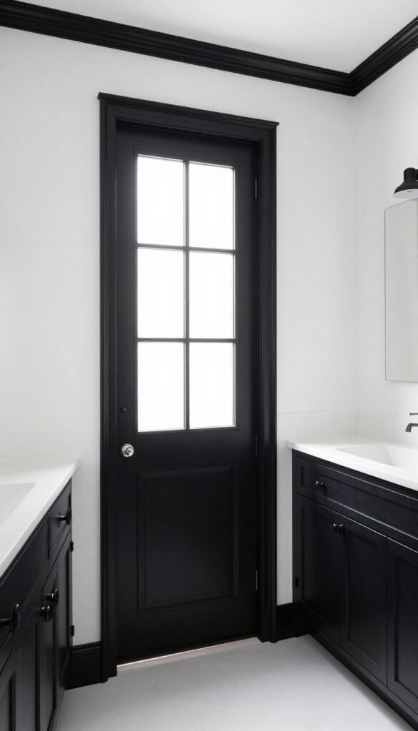 A bright white bathroom with black trim details, featuring architectural elements like door frames and windows outlined in black against soft white walls, minimal décor, and natural lighting for a timeless look.