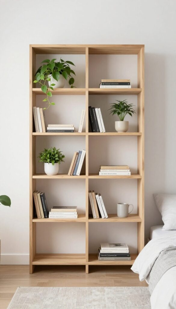 A small spare bedroom with vertical storage using tall bookcases and floating shelves to maximize space and create an open, airy atmosphere.