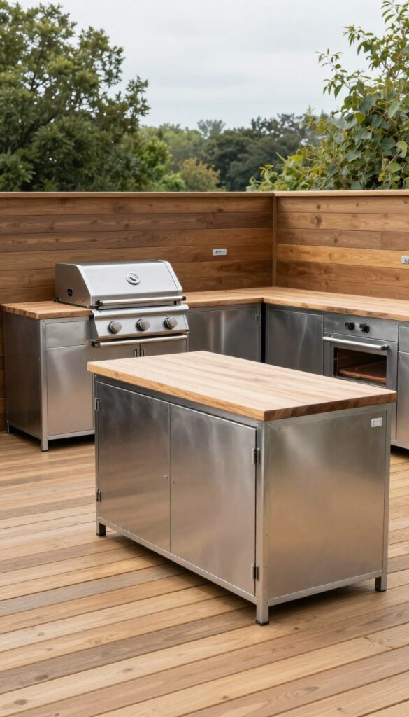 Modular outdoor kitchen blocks with stainless steel cabinets, portable grill, and pizza oven on a wooden deck