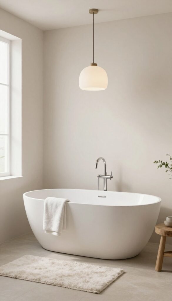 A freestanding tub as the focal point in a bright, elegantly styled bathroom with natural light and cozy decor elements.