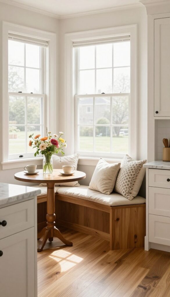 Cozy kitchen breakfast nook with built-in bench and cushions near a sunny window
