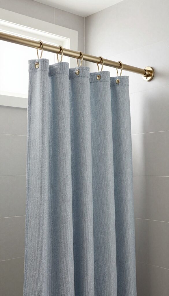 A brushed nickel curved shower curtain rod in a bright, clean bathroom with neutral tones and natural light.