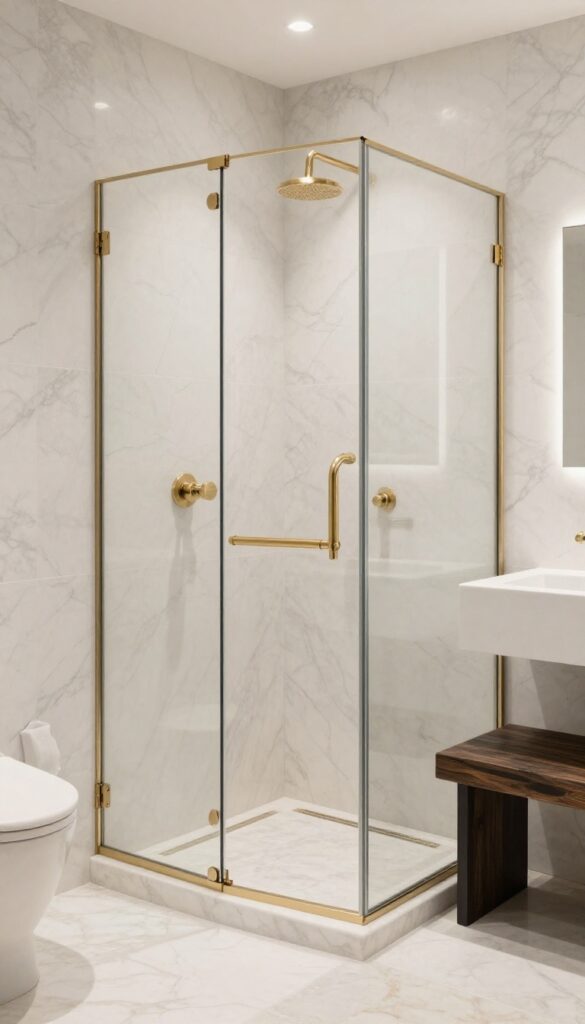 A master bathroom shower with natural stone surfaces including marble walls and slate floors, designed for timeless elegance in a bright, clean setting with wooden accents.