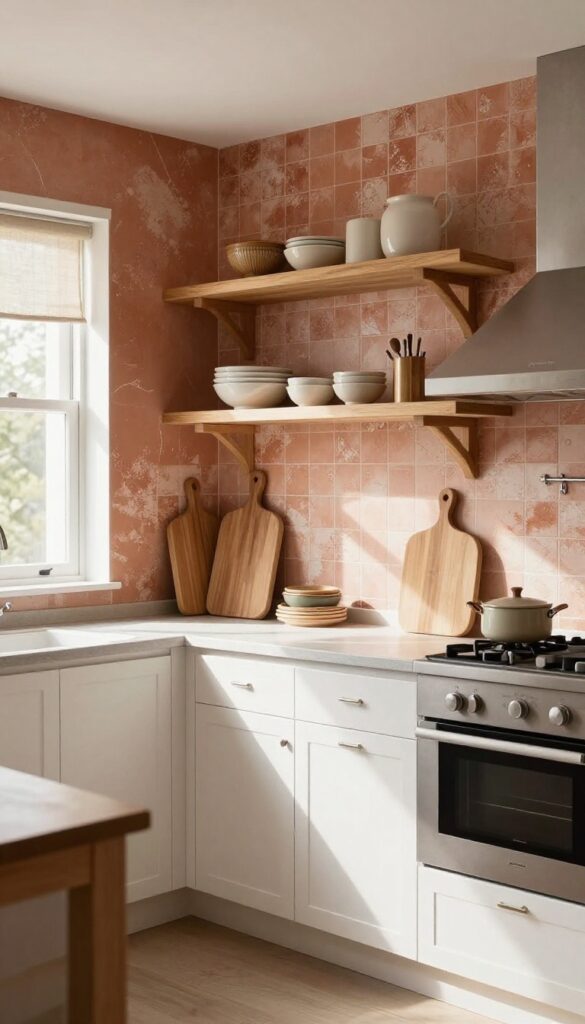 Kitchen with terracotta wallpaper, white cabinets, and wood accents