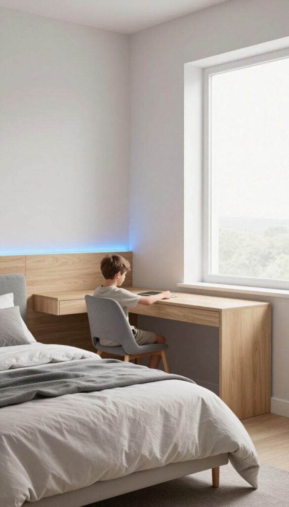 A teen boy's bedroom with LED lighting strips behind the headboard and under a desk, creating a cool blue glow in natural light