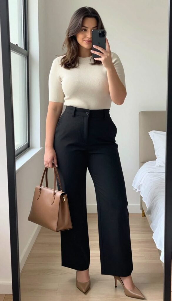 Plus-size woman in high-waisted wide-leg trousers and fitted knit top, taking a mirror selfie in a bright room.
