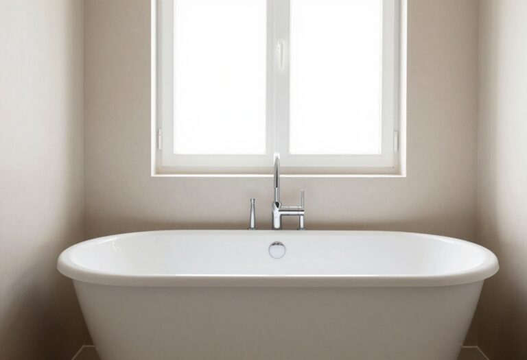 A serene bathroom featuring a freestanding bathtub in soft natural light, designed for relaxation with clean lines and neutral tones.