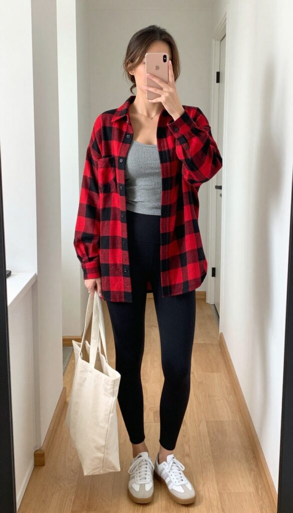 Woman taking a mirror selfie wearing an oversized red and black flannel over a black tank top and leggings, with white sneakers and a tote bag, in a bright room with natural light.
