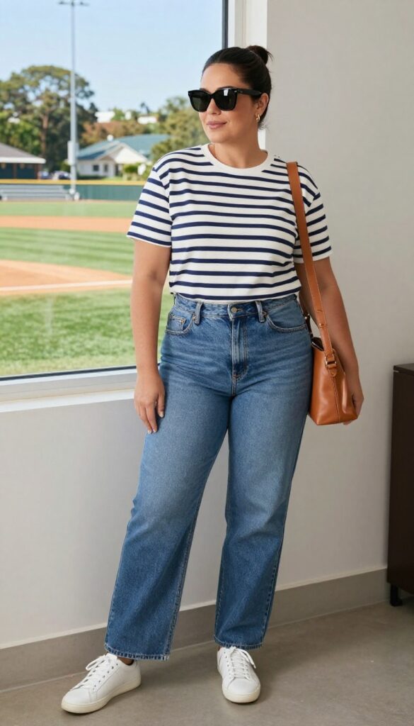 A curvy woman wearing a navy and white striped tee, blue jeans, white sneakers, tan crossbody bag, and sunglasses at a baseball field on a sunny day.