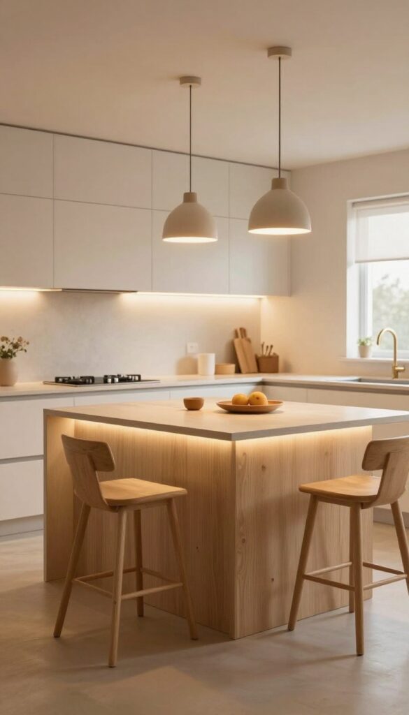 Modern kitchen with layered lighting: two pendant lights over island and under-cabinet glow