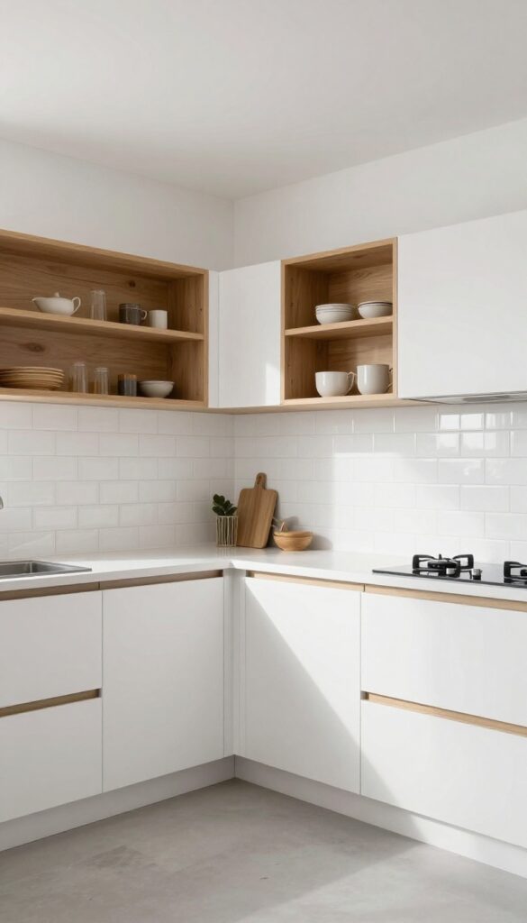 Full-height glossy subway tile backsplash in a bright modern kitchen with white cabinets and wood shelves