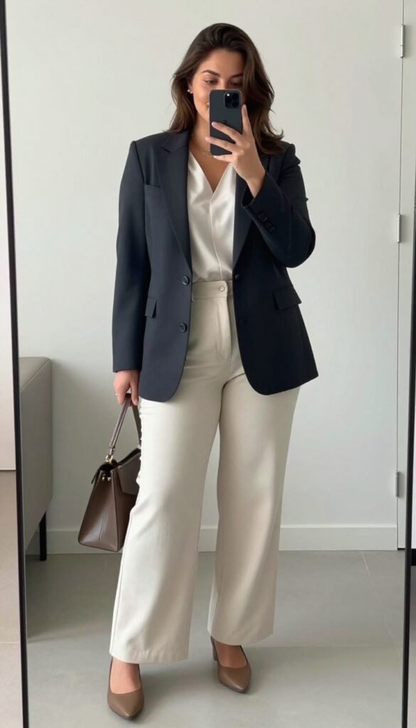 Plus-size woman in tailored blazer and high-waisted trousers taking a mirror selfie, showcasing a polished business casual outfit.