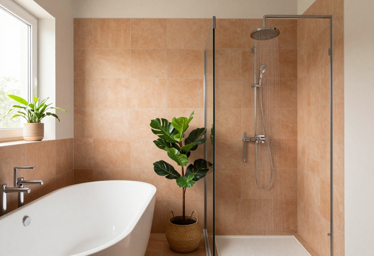 Stylish bath and shower combo with terracotta tiles, freestanding tub, rainfall shower, wood accents, and plants in a modern bathroom.
