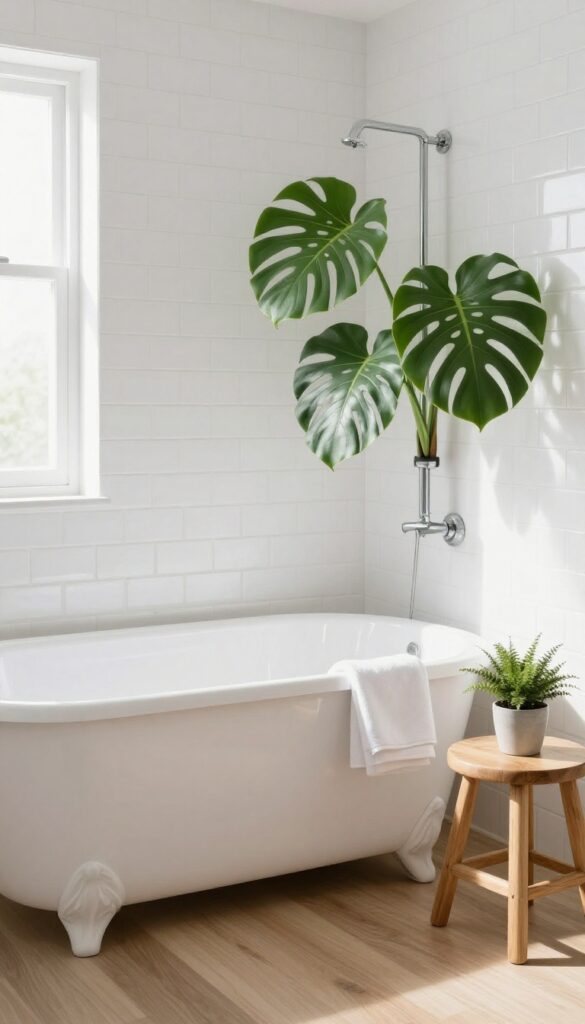 Bathroom with tropical leaf shower curtain, white tiles, and natural light