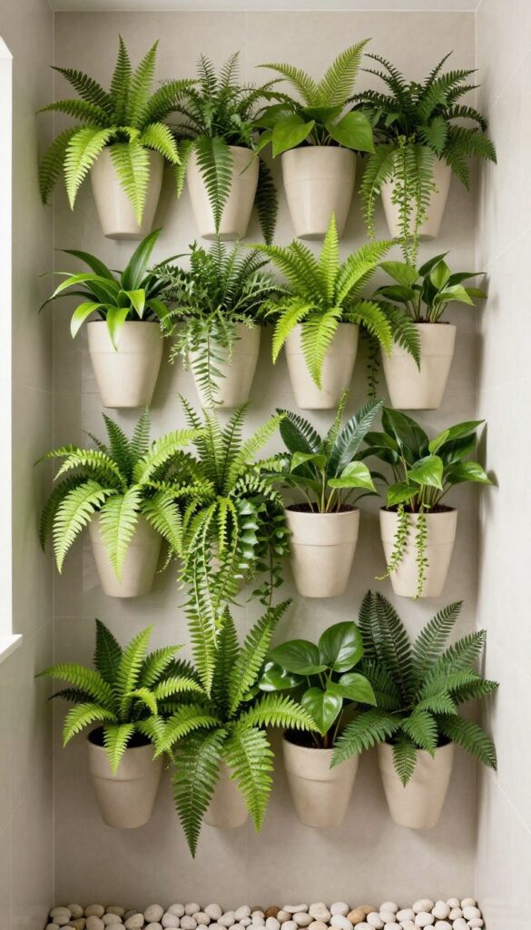 A vertical garden wall in a shower area with various plants in wall-mounted planters, creating a natural and serene bathroom decor.