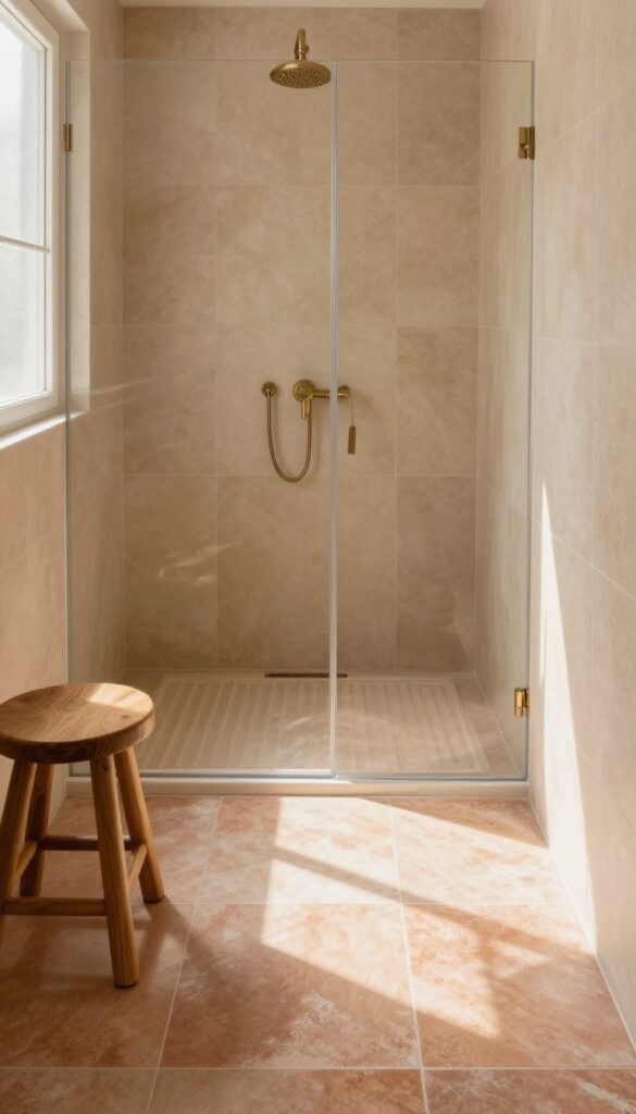 Warm earthy tile colors in a safari-inspired shower with terracotta floor tiles and beige wall tiles, natural light, wooden stool, and brass fixtures.