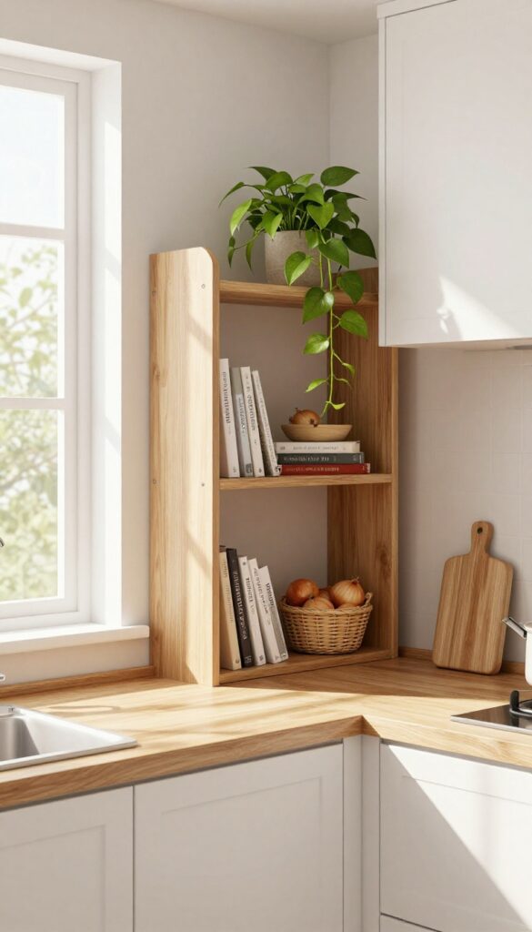 Tall narrow shelf unit in kitchen corner with cookbooks, basket, and trailing plant