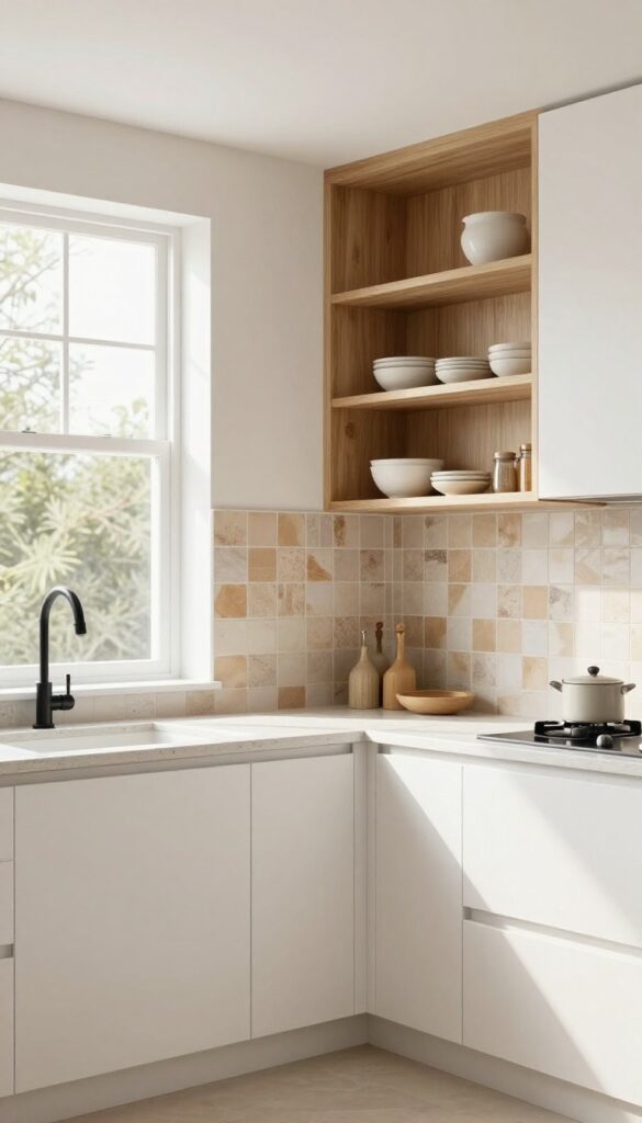 Modern kitchen with textured zellige backsplash, matte counters, warm wood shelving, and natural light.