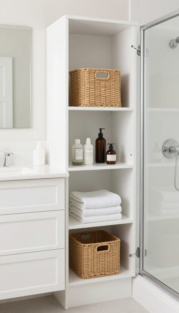 A compact white vanity with integrated storage next to a shower in a small bathroom, featuring woven baskets and matte hardware for an organized, stylish look.