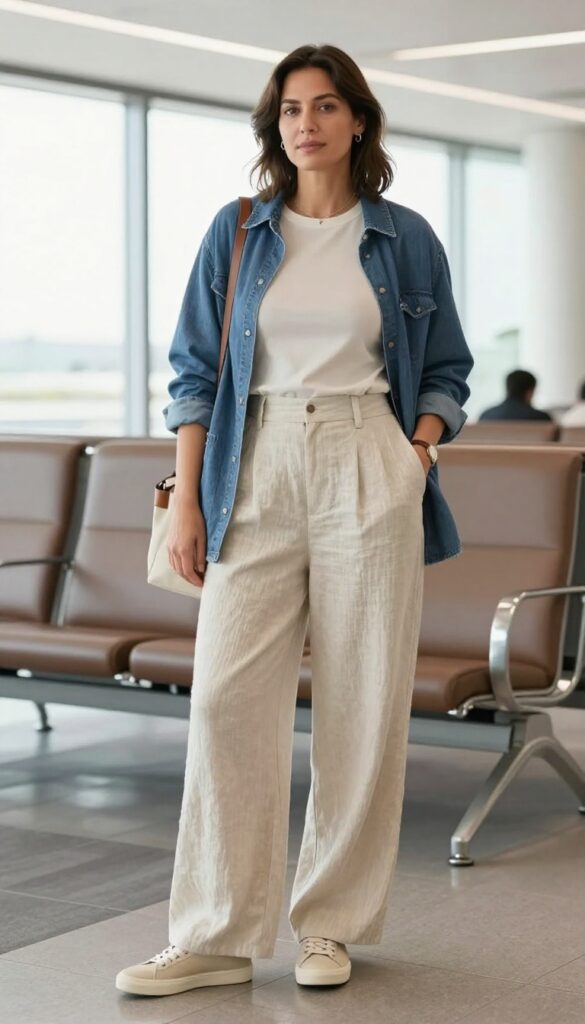 A woman wearing a comfy classy summer airport outfit with high-waisted wide-leg pants and a fitted tee in neutral colors, styled with sneakers, a lightweight jacket, and a tote bag in a bright airport setting.