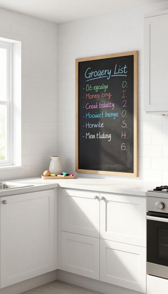 Chalkboard paint message center on kitchen cabinet with colorful chalk notes