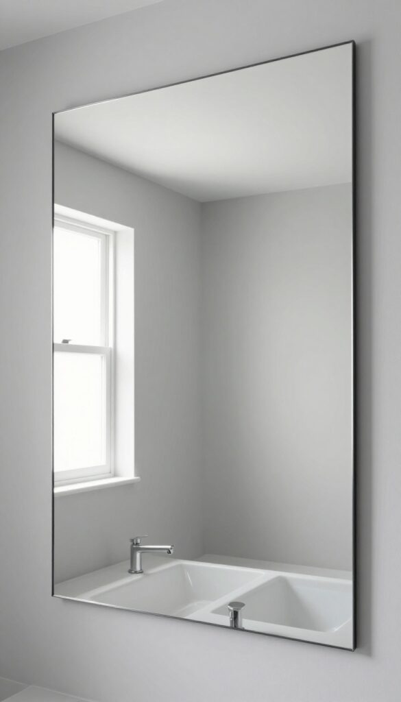 A light gray bathroom featuring a large mirror above the vanity, enhancing the airy feel with natural light and minimal decor