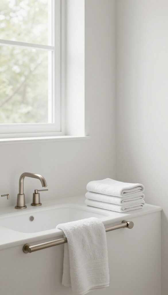 A bathroom half wall with an integrated towel bar for tidy towel storage in natural light.