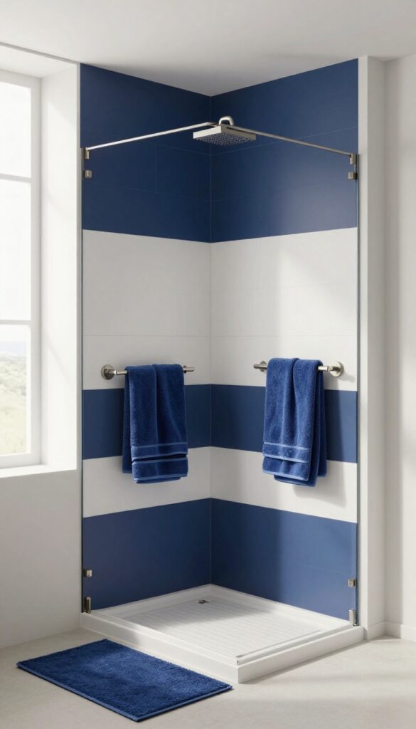 A modern bathroom knee wall shower with bold navy and white color-blocked panels, bright natural lighting, minimalist decor, and matching accessories.