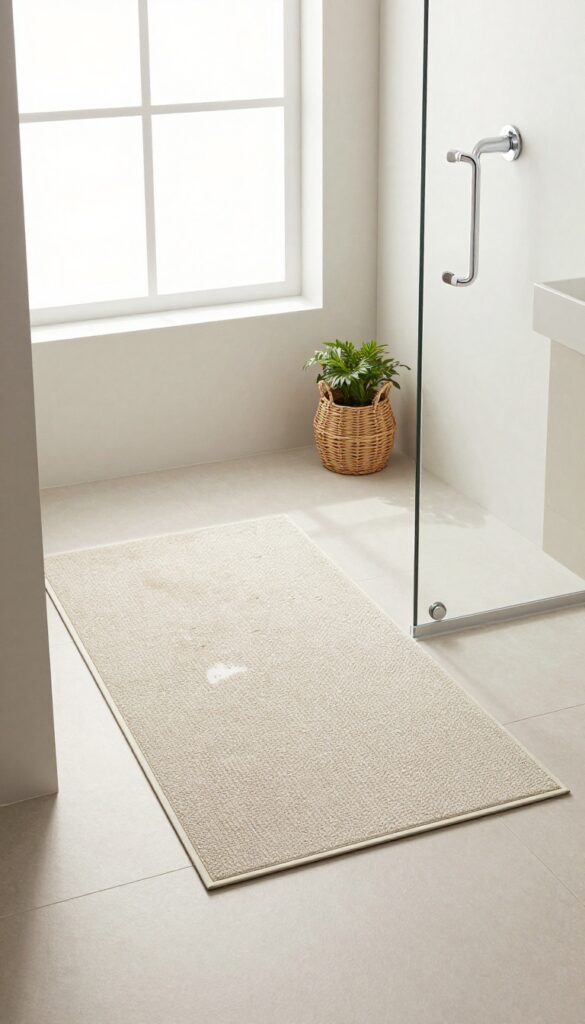 A modern bathroom featuring a quick-dry synthetic shower mat in bright natural light, emphasizing efficiency and clean design without text or markings.