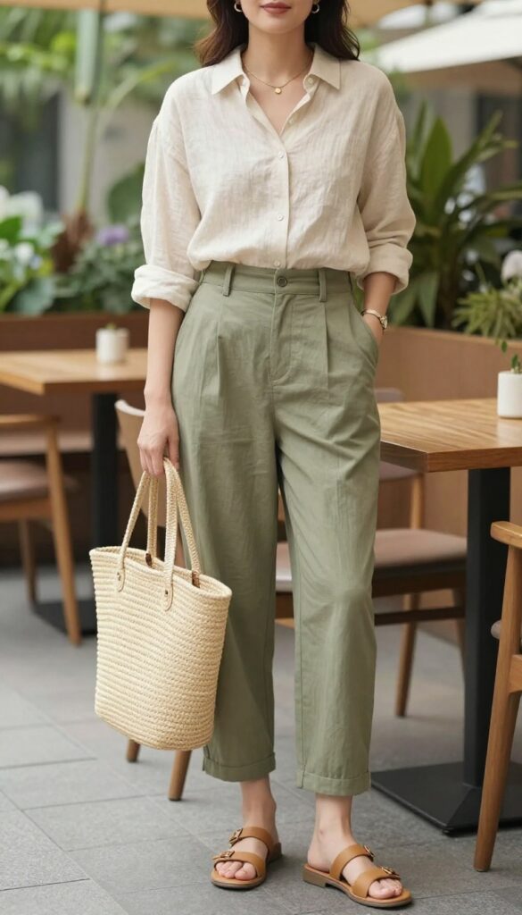 A midsize woman in a cozy summer outfit featuring a cream linen shirt and olive trousers, styled with tan sandals and a straw tote bag, at an outdoor cafe.