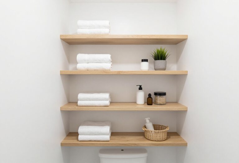 RV bathroom with over-the-toilet vertical shelving featuring floating shelves in light wood tones, neatly organized with towels, baskets, and a plant to save space.