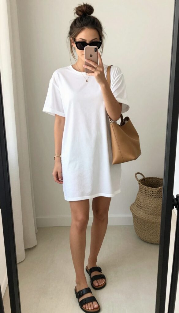 Woman in oversized white tee dress and black slides taking a mirror selfie, with messy bun and sunglasses, embodying effortless beach vacation style.