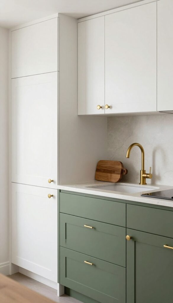 Two-tone kitchen cabinets with white uppers and olive green lowers, brass hardware, natural stone countertops.